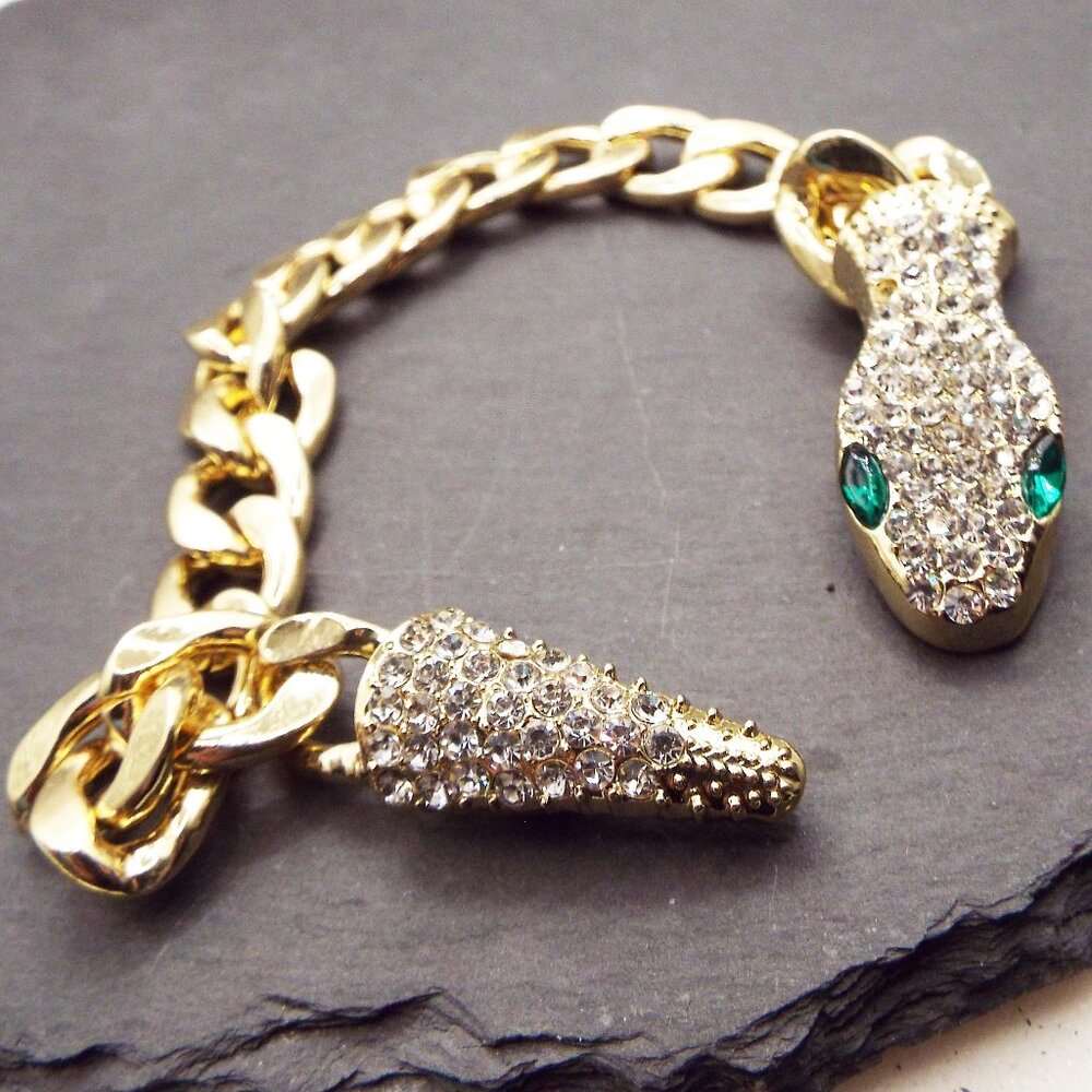 GREEN EYED SERPENT, SNAKE, ASP GOLDEN CURB RHINESTONE WRAP MAGNETIC BRACELET 46